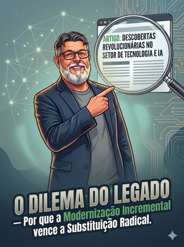 Ilustração do artigo O Dilema do Legado — modernização incremental versus substituição radical.